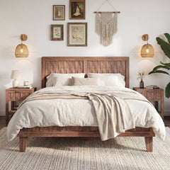 Full Size Mid Century Platform Bed with Woven Headboard and Footboard, 6.5 Inch Low Profile