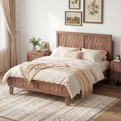 Full Size Mid Century Platform Bed with Woven Headboard and Footboard, 6.5 Inch Low Profile