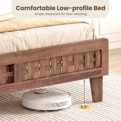 Full Size Mid Century Platform Bed with Woven Headboard and Footboard, 6.5 Inch Low Profile