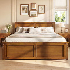 Full Size Solid Wood Farmhouse Bed Frame with Panelled Headboard and Footboard, 600 lb Capacity