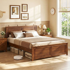 Full Size Solid Wood Farmhouse Bed Frame with Panelled Headboard and Footboard, 600 lb Capacity