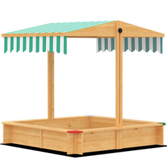 Kids Wooden Sandbox with Cover, Play Sand Station for Children Outdoor Sand box, with Seats, for Backyard, Beach, 47" x 47" x 47", Natural
