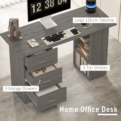 Computer Desk, 47" Writing Table with 3-Tier Shelves and 3 Reversible Drawers for Home Office, Bedroom, Black