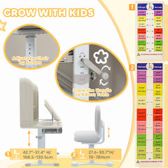 Kids Desk and Chair Set with Tilting Desktop, Adjustable Height, Drawer and Shelves for Boys Girls Ages 3-12, Grey