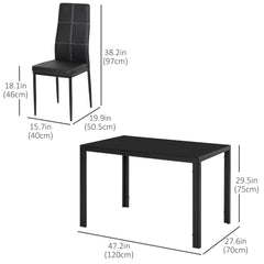 5-Piece Rectangular Glass Kitchen Table and Chairs with Metal Frame and Faux Leather Upholstery for Dining Room, Black