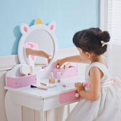 Kids Makeup Vanity Set with Stool, Mirror, Drawer, Storage Boxes, Unicorn Design, White