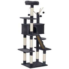 59 Inch Large Cat Tree with Sisal Scratching Posts, Cozy Condo, Top Perch, Ladder and Interactive Balls, Dark Grey