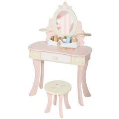 Kids Vanity Set, Girls Dressing Table with Mirror and Stool, 7 Accessories, Drawers, Desktop Storage, Pink