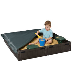 Kids Outdoor Sandbox with Canopy, Bottom Fabric Liner, Brown