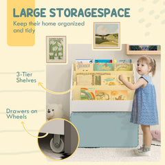Kids Bookshelf with 3 Tier Display Shelves, Drawer for Nursery, Grey
