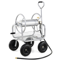 Garden Hose Reel Cart 300 Feet Large Capacity with 4 Wheels and Storage Basket-Silver