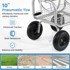 Garden Hose Reel Cart 300 Feet Large Capacity with 4 Wheels and Storage Basket-Silver