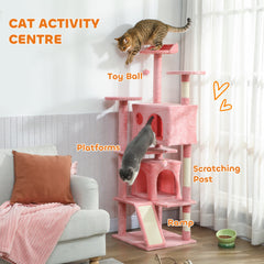 54" Cat Tree, Multi-Level Cat Tower with Scratching Posts, Cat Condos, Bed, Platforms, Ramp, Toy Ball, Beige