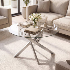Glass Coffee Table Round Clear Center Table with Tempered Glass Top-Silver