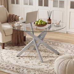 Glass Coffee Table Round Clear Center Table with Tempered Glass Top-Silver