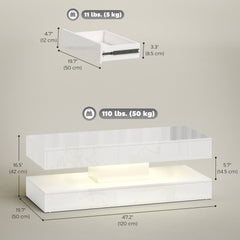 Coffee Table with Adjustable LED Lights, Modern Living Room Table with 2 Drawers, Open Shelf, Remote, High Gloss White