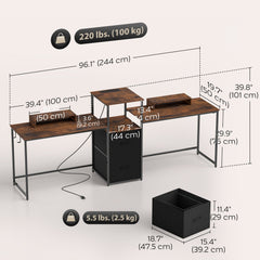 96 Inch Gaming Desk, Dual Computer Desk for 2 Person with Power Outlets and Monitor Stands, Black