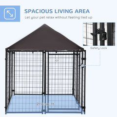 Outdoor Dog Kennel, Welded Wire Steel Fence, Lockable Pet Playpen Crate, with Water-, UV-Resistant Canopy Top, Door, 4.6ft x 4.6ft x 5ft, Black