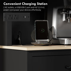 69" Kitchen Pantry Cabinet with Charging Station Kitchen Cabinet with Microwave Stand 7 Gallon Trash Can Cabinet Black