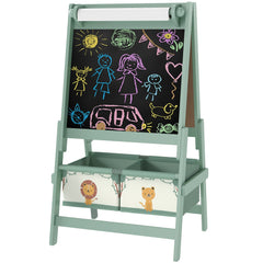 Art Easel for Kids, Double-Sided Whiteboard & Chalkboard with Paper Roll, 2 Storage Boxes, Gift for Boys, Girls, Green