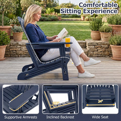 HDPE Adirondack Chair with Cup Holder and Wood-Like Texture High Back for Garden -Blue