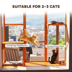 Wooden Catio Outdoor, Cat Window Box Enclosure for 2-3 Large Cats with 2 Jumping Platforms & Scratching Post, Grey