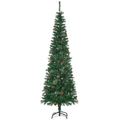 7.5ft Pencil Christmas Tree, Artificial Christmas with Pine Needles, Realistic Branches, Pine Cones, Metal Base, Green
