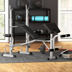 Bench Press Set Adjustable Weight Bench with Squat Rack, Preacher Curl Pad, Leg Developer and Weight Storage, White