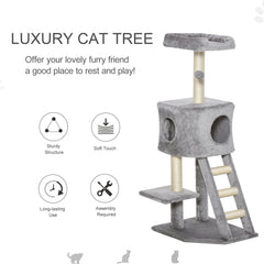 47" Tall Cat Tree Tower with Condo, Ladder, Scratching Posts and Hanging Ball, Light Grey