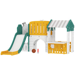7-in-1 Toddler Slide, Kids Slide Climber Playset with Playhouse and Basketball Hoop for 1-4 Years, Grey