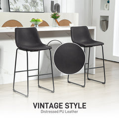 Counter Height Bar Stools Set of 2, Vintage PU Leather Bar Chairs, Kitchen Stool with Footrest, Dark Brown