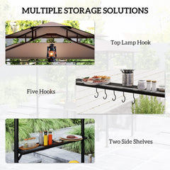 8' x 7.6' Grill Gazebo, Double Tiered Barbecue Grill Gazebo Shelter w/ Side Awning, 2 Side Shelves, 6 Hooks, Beige