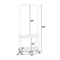 Heavy-Duty Laundry Cart with Hanging Rod and 2 Storage Baskets for Bedroom-White