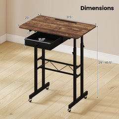 Height Adjustable Laptop Desk with Fabric Drawer Tablet Holder and Lockable Wheels-Rustic Brown