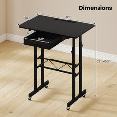 Height Adjustable Laptop Desk with Fabric Drawer Tablet Holder and Lockable Wheels-Black