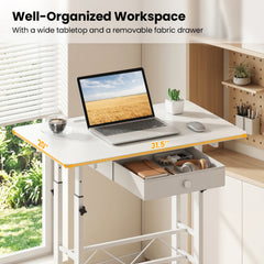 Height Adjustable Laptop Desk with Fabric Drawer Tablet Holder and Lockable Wheels-White