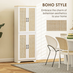 67" Tall Kitchen Pantry, Freestanding Kitchen Storage Cabinet with 4 Rattan Doors and Adjustable Shelves, Oak