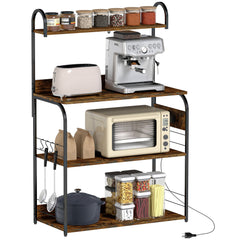 Baker's Rack with Charing Station, Microwave Shelf with Power Outlet, USB Charger and 4 Hooks, Rustic Brown