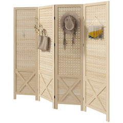 4.7' 3 Panel Wooden Room Divider with Pegboard Display, Folding Privacy Screen for Home Office, Natural