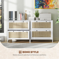 2-Drawer Filing Cabinet with Lock, Rattan File Cabinet with Adjustable Hanging Bar, Natural