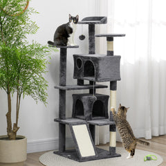 54" Cat Tree, Multi-Level Cat Tower with Scratching Posts, Cat Condos, Bed, Platforms, Ramp, Toy Ball, Beige