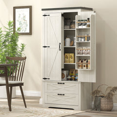 Farmhouse Kitchen Pantry Storage Cabinet, 64" Freestanding Kitchen Pantry Cabinet with Drawers, Distressed Black