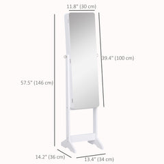 Freestanding Mirror Jewelry Cabinet Armoire, LED Lighted Jewelry Organizer with Stand, Angle Adjustable, White