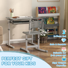 Height Adjustable Study Table and Chair Set with Drawer, Pen Slot, Tiltable Desktop, Hook, Blue