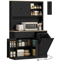 69" Pantry Cabinet with Charging Station, Kitchen Cabinet with Microwave Stand, Tilt-Out Trash Can Cabinet, Black