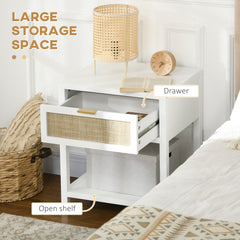 Boho Nightstand, Bedside Table with Rattan Drawer and Open Shelf, Side End Table for Bedroom, Living Room