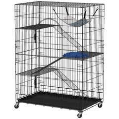 4-Tier Cat Cage, Large Cat Enclosure with Lockable Wheels, Tray, Hammock, Bed, 3 Ramp, 3 Platforms for 3-5 Kittens