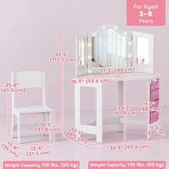 Kids Vanity Table and Chair Set with Lights, Makeup Dressing Table with Tri-Fold Mirror for Ages 3-8 Years, White