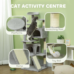 54" Cat Tree, Multi-Level Cat Tower with Scratching Posts, Cat Condos, Bed, Platforms, Ramp, Toy Ball, Beige