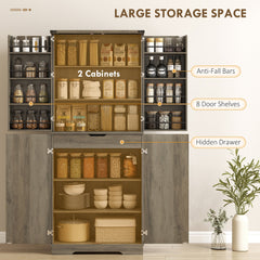 72" Kitchen Pantry Cabinet, Farmhouse Storage Cabinet with 4 Doors, Drawer, 8 Door Shelves and Adjustable Shelf, Black